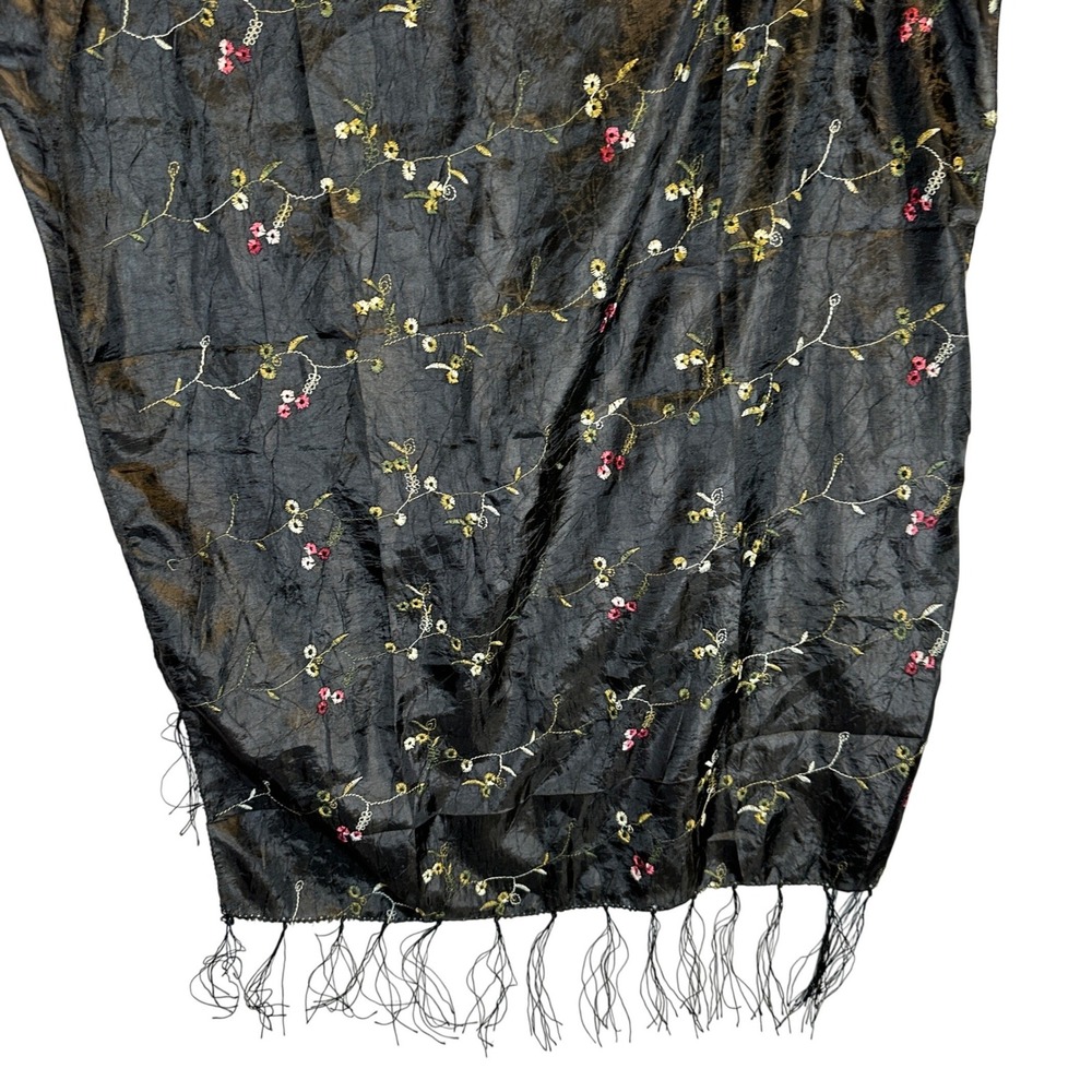 Black Crinkle Whimsigoth Embroidered Floral Fringe Wrap Shawl Scarf Evening Wear